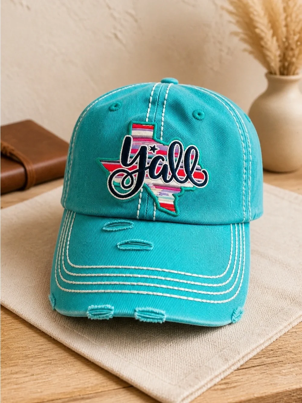 NWT Women’s Teal Distressed Baseball Cap Texas Y’all Serape Patch on Front